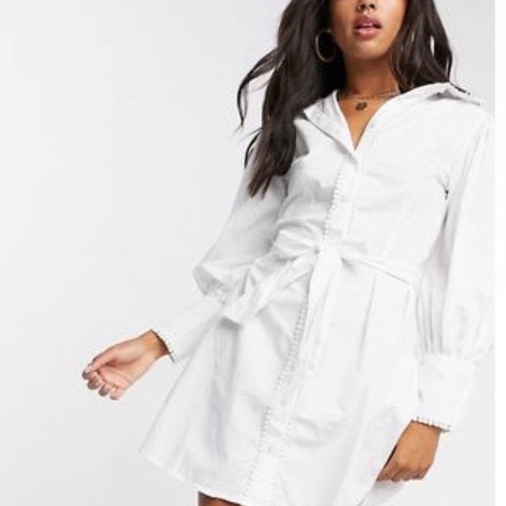 NWOT Girl In Mind contrast pearl detail shirt dress with belt in white US 8